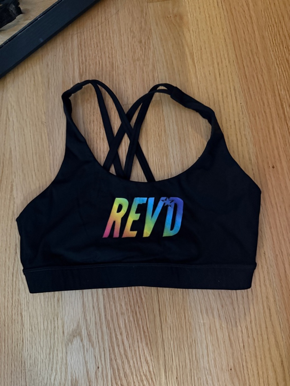 REVD Black Strappy Sports Bra with  Rainbow Logo